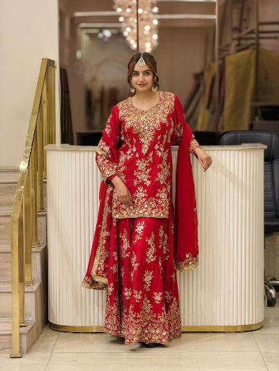 Festive Red Embroidered Sharara Palazzo Suit for Karwa Chauth