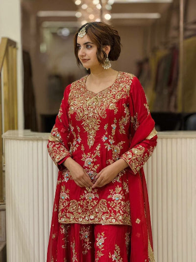 Festive Red Embroidered Sharara Palazzo Suit for Karwa Chauth