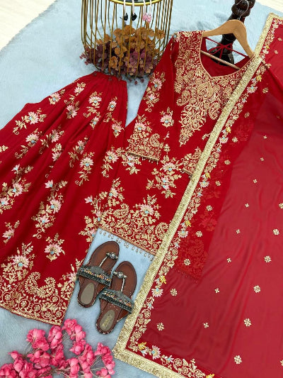 Festive Red Embroidered Sharara Palazzo Suit for Karwa Chauth