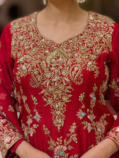 Festive Red Embroidered Sharara Palazzo Suit for Karwa Chauth