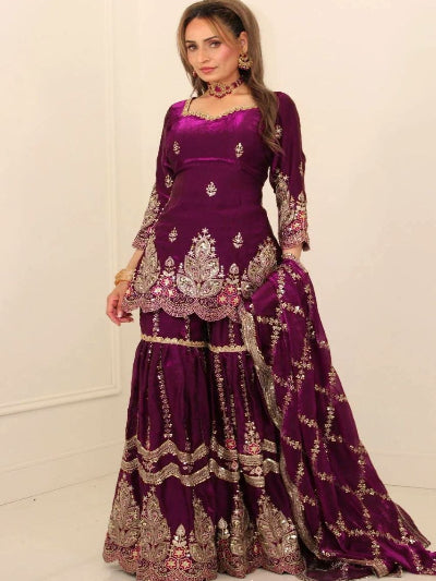 Festive Embroidered Silk Gharara Suit with Sequin Work