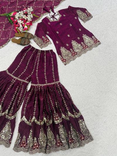 Festive Embroidered Silk Gharara Suit with Sequin Work