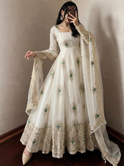 White Gold Morpankh Embroidered Anarkali Gown Suit Set