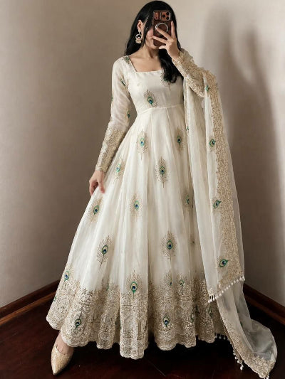 White Gold Morpankh Embroidered Anarkali Gown Suit Set
