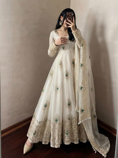 White Gold Morpankh Embroidered Anarkali Gown Suit Set
