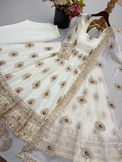 White Gold Morpankh Embroidered Anarkali Gown Suit Set