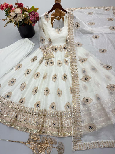 White Gold Morpankh Embroidered Anarkali Gown Suit Set