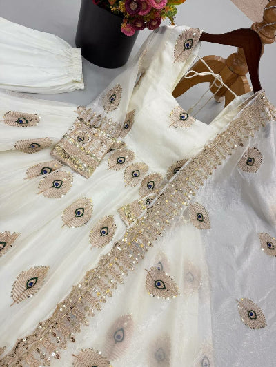 White Gold Morpankh Embroidered Anarkali Gown Suit Set