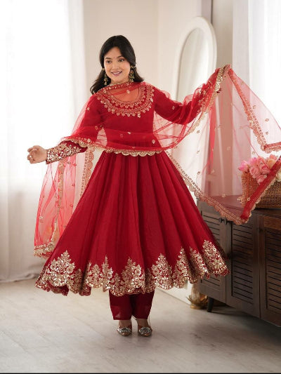 Classic Red Festive Embroidery Work Anarkali Suit Set
