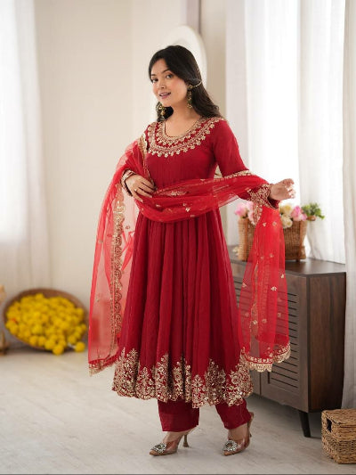 Classic Red Festive Embroidery Work Anarkali Suit Set
