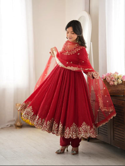 Classic Red Festive Embroidery Work Anarkali Suit Set