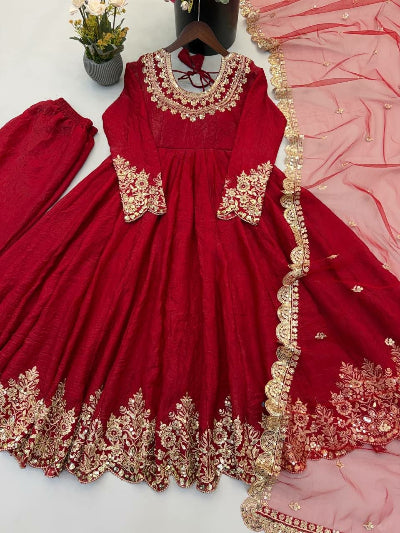 Classic Red Festive Embroidery Work Anarkali Suit Set