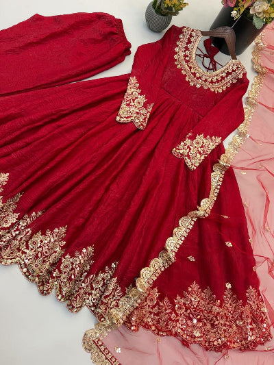 Classic Red Festive Embroidery Work Anarkali Suit Set