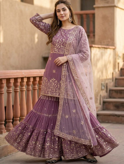 Lilac Sequins Embroidered Georgette Gharara Suit with Latkan