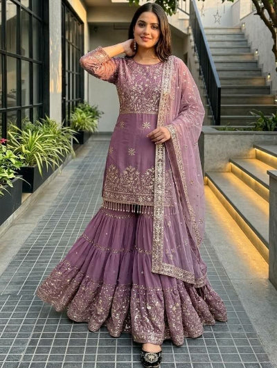 Lilac Sequins Embroidered Georgette Gharara Suit with Latkan