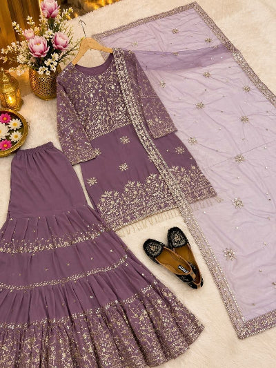 Lilac Sequins Embroidered Georgette Gharara Suit with Latkan