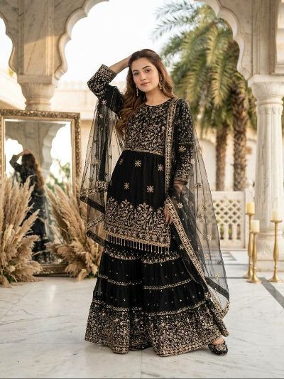 Lilac Sequins Embroidered Georgette Gharara Suit with Latkan