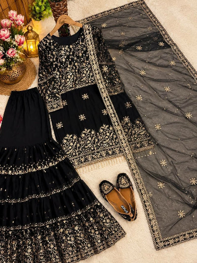 Lilac Sequins Embroidered Georgette Gharara Suit with Latkan