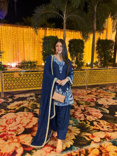 Navy Blue Embroidered Crepe Silk Farshi Salwar Suit