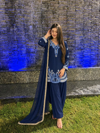 Navy Blue Embroidered Crepe Silk Farshi Salwar Suit