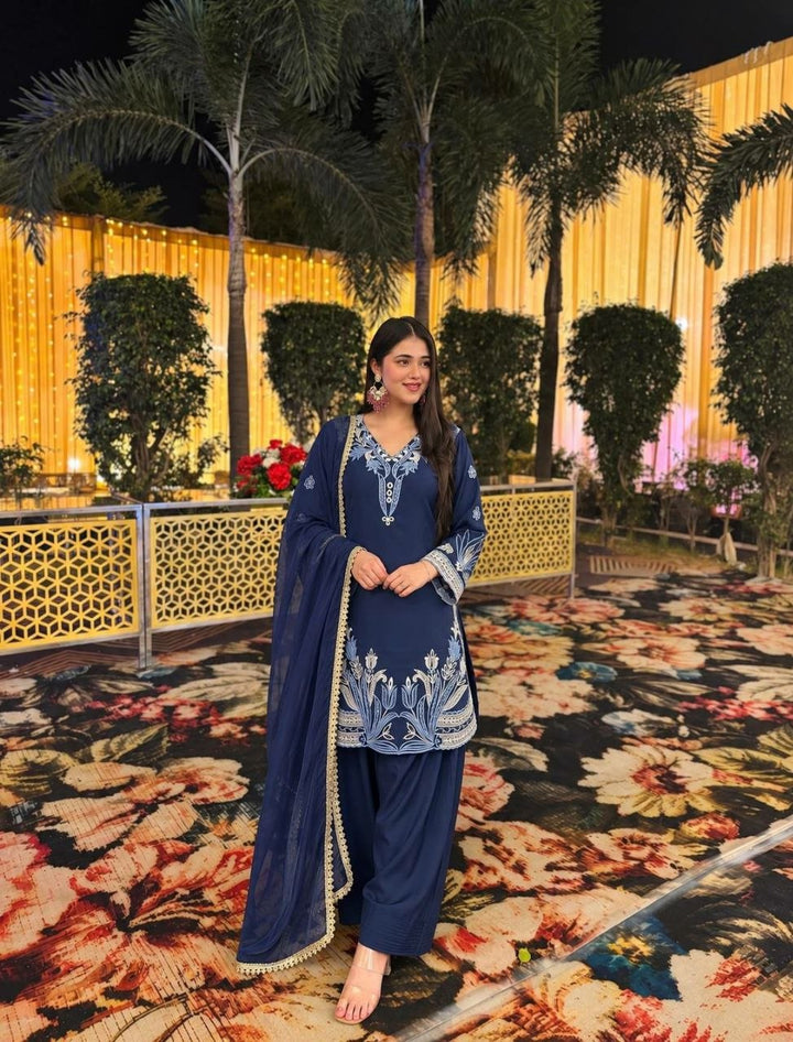 Navy Blue Embroidered Crepe Silk Farshi Salwar Suit