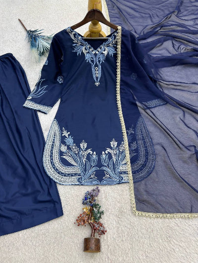 Navy Blue Embroidered Crepe Silk Farshi Salwar Suit