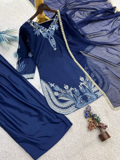 Navy Blue Embroidered Crepe Silk Farshi Salwar Suit