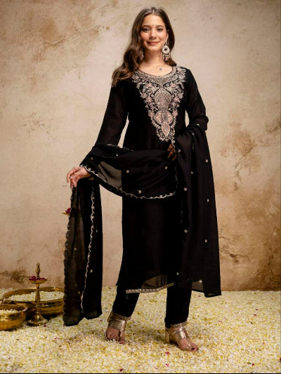 Black Vichitra Silk Embroidered Salwar Suit