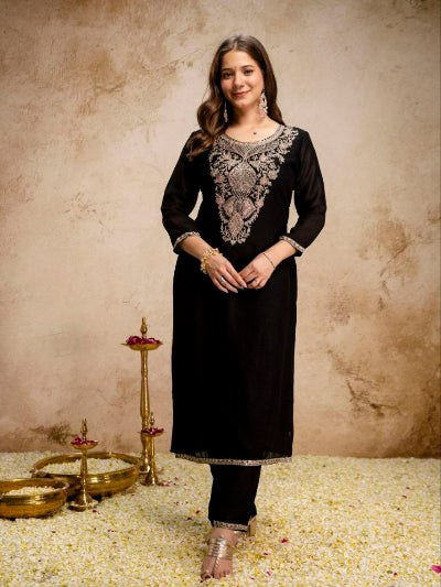 Black Vichitra Silk Embroidered Salwar Suit