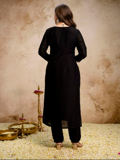 Black Vichitra Silk Embroidered Salwar Suit