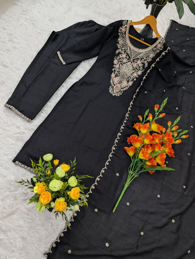 Black Vichitra Silk Embroidered Salwar Suit