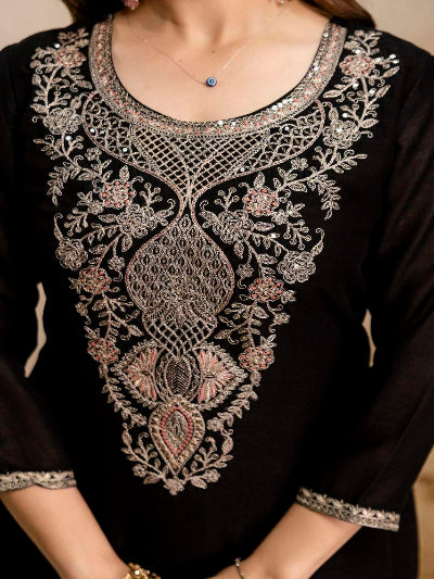 Black Vichitra Silk Embroidered Salwar Suit