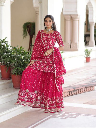 Magenta Pink Georgette Designer Embroidery Sharara Suit - BONYHUBSALWAR KAMEEZ