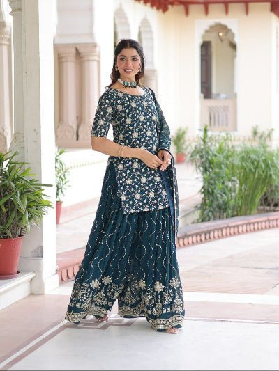 Teal Blue Georgette Designer Embroidery Sharara Suit - BONYHUBSALWAR KAMEEZ