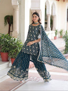 Teal Blue Georgette Designer Embroidery Sharara Suit - BONYHUBSALWAR KAMEEZ