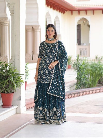 Teal Blue Georgette Designer Embroidery Sharara Suit - BONYHUBSALWAR KAMEEZ