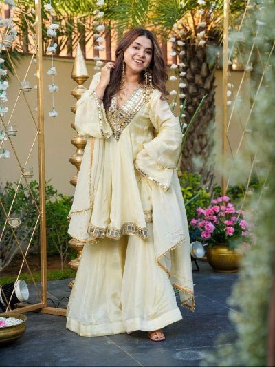 Ivory Gold Embroidery Mirror Work Sharara Suit - BONYHUBSALWAR KAMEEZ