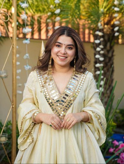 Ivory Gold Embroidery Mirror Work Sharara Suit - BONYHUBSALWAR KAMEEZ