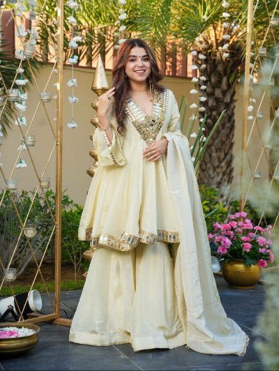 Ivory Gold Embroidery Mirror Work Sharara Suit - BONYHUBSALWAR KAMEEZ