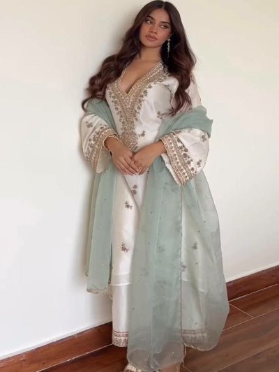 White Gold Embroidery Suit with Pastel Green Organza Dupatta - BONYHUBSALWAR KAMEEZ