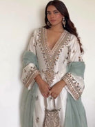 White Gold Embroidery Suit with Pastel Green Organza Dupatta - BONYHUBSALWAR KAMEEZ