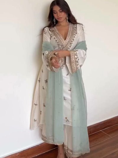 White Gold Embroidery Suit with Pastel Green Organza Dupatta - BONYHUBSALWAR KAMEEZ