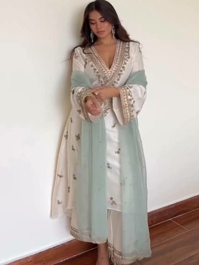 White Gold Embroidery Suit with Pastel Green Organza Dupatta - BONYHUBSALWAR KAMEEZ