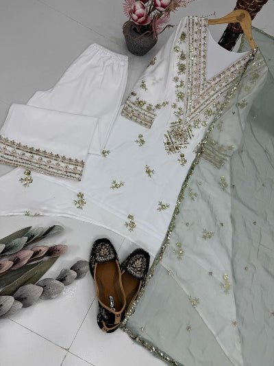 White Gold Embroidery Suit with Pastel Green Organza Dupatta - BONYHUBSALWAR KAMEEZ