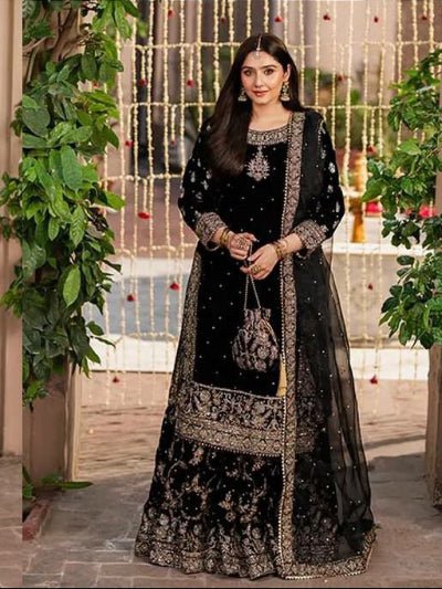 Royal Black Velvet Embroidery Sequence Sharara Suit - BONYHUBSALWAR KAMEEZ