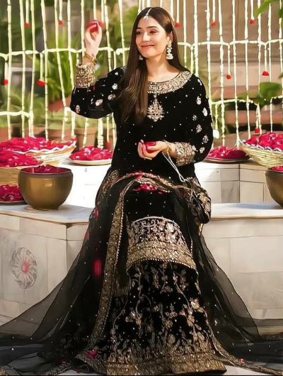Royal Black Velvet Embroidery Sequence Sharara Suit - BONYHUBSALWAR KAMEEZ