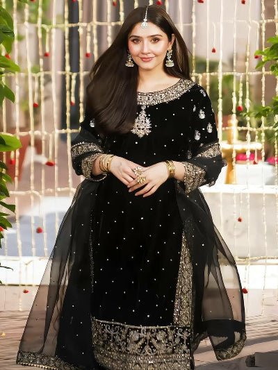 Royal Black Velvet Embroidery Sequence Sharara Suit - BONYHUBSALWAR KAMEEZ