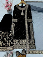 Royal Black Velvet Embroidery Sequence Sharara Suit - BONYHUBSALWAR KAMEEZ