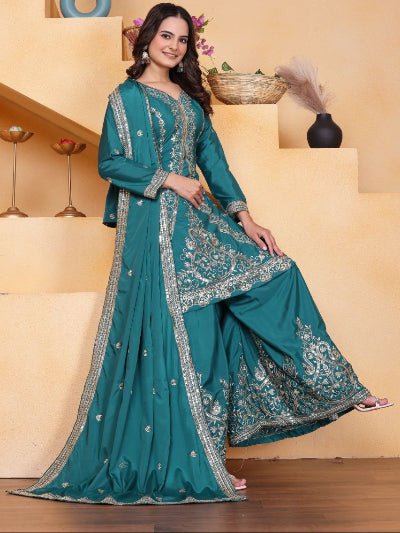 Elegant Teal Green Embroidery Work Sharara Suit - BONYHUBSALWAR KAMEEZ