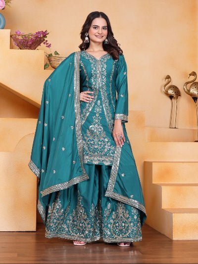Elegant Teal Green Embroidery Work Sharara Suit - BONYHUBSALWAR KAMEEZ